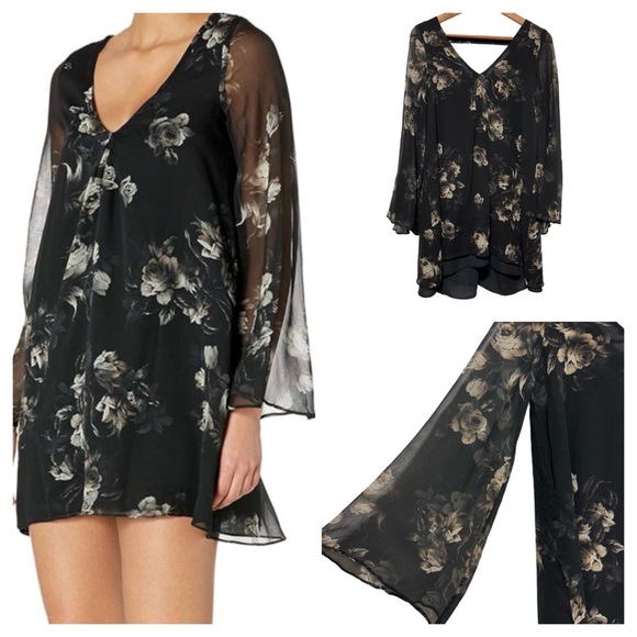 Chaser Dresses & Skirts - Chasor Silk Floral Mini Dress — Sheer Bell Sleeves & Open Back